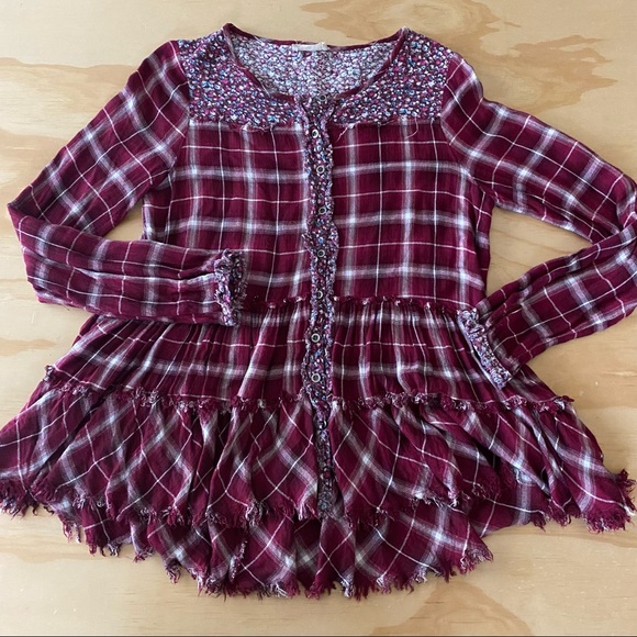 Altar'd State Tops - Altar’d State Womens Plaid Floral Trip Raw Hem Tunic Top Size Medium